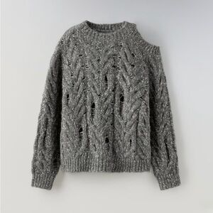 ZARA Girls Distressed Open Shoulder Cable Knit Sweater Gray Size 8-9 / 130 cm
